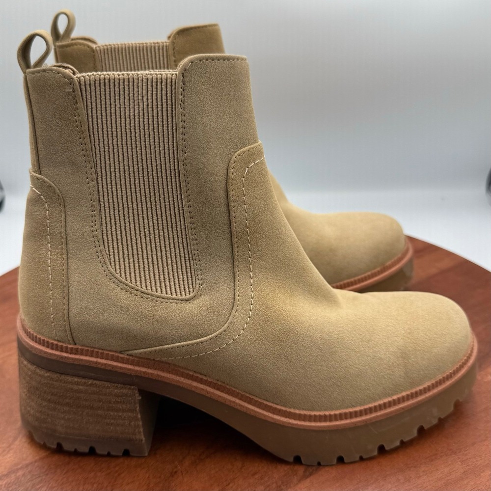 MIA Ire Stacked Heel Chelsea Ankle Boots Sand Vegan Suede Womens 6.5 Lug Chunky‎